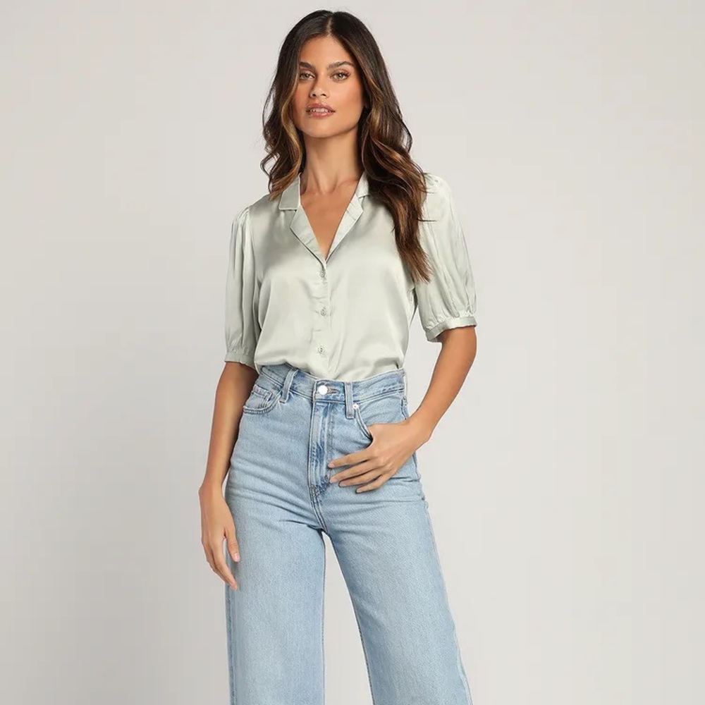Sweet and Chic Sage Green Satin Button-Up Short Sleeve Top
